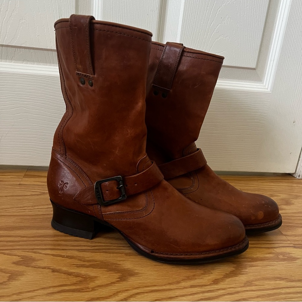 Frye Chestnut Leather Buckle Boots women’s size 9 - Picture 3 of 14